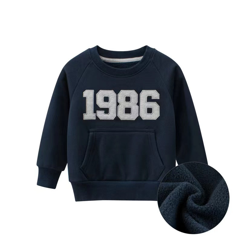 Baby boy hoodie in navy blue and grey with embroidered numbers and a pocket, made from soft cotton material.