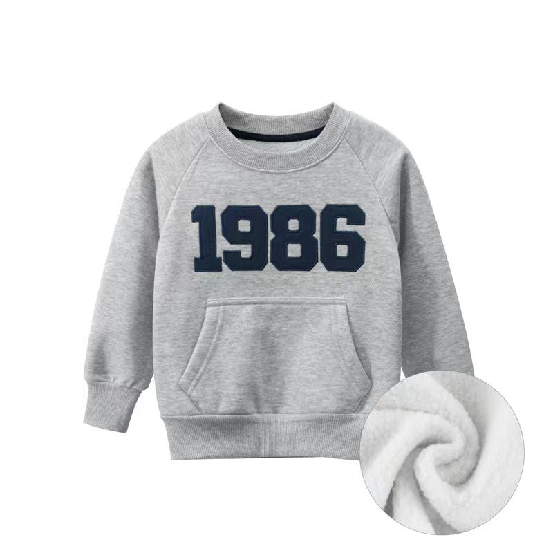 Baby boy hoodie in navy blue and grey with embroidered numbers and a pocket, made from soft cotton material.