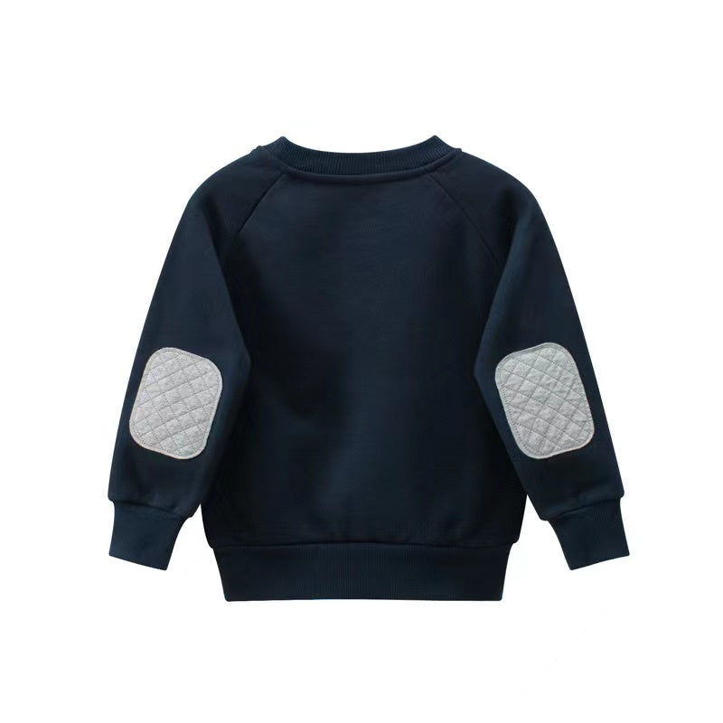 Baby boy hoodie in navy blue and grey with embroidered numbers and a pocket, made from soft cotton material.