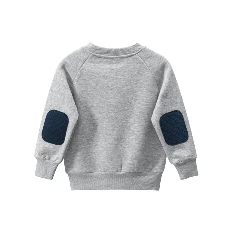 Baby boy hoodie in navy blue and grey with embroidered numbers and a pocket, made from soft cotton material.