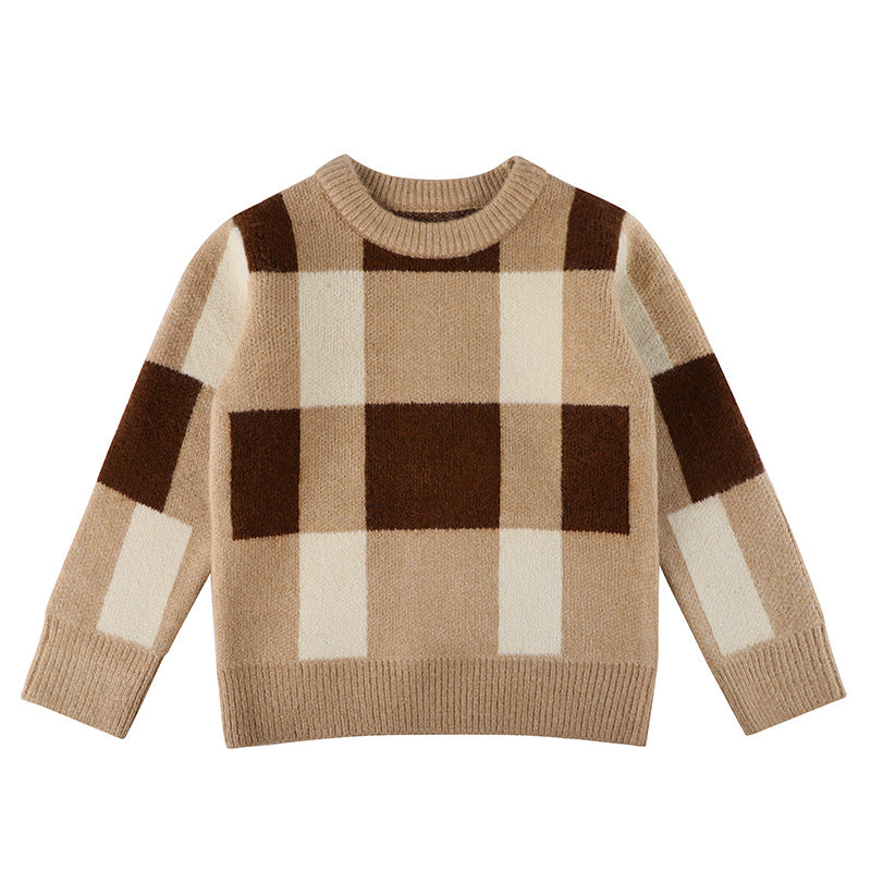 Baby Boy Plaid Graphic O-Neck Long Sleeves Western Classic Sweater in grey and khaki, featuring luxury plaid graphics and a classic design.