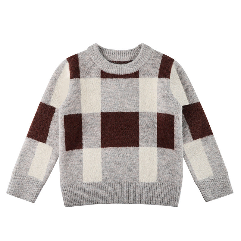 Baby Boy Plaid Graphic O-Neck Long Sleeves Western Classic Sweater in grey and khaki, featuring luxury plaid graphics and a classic design.