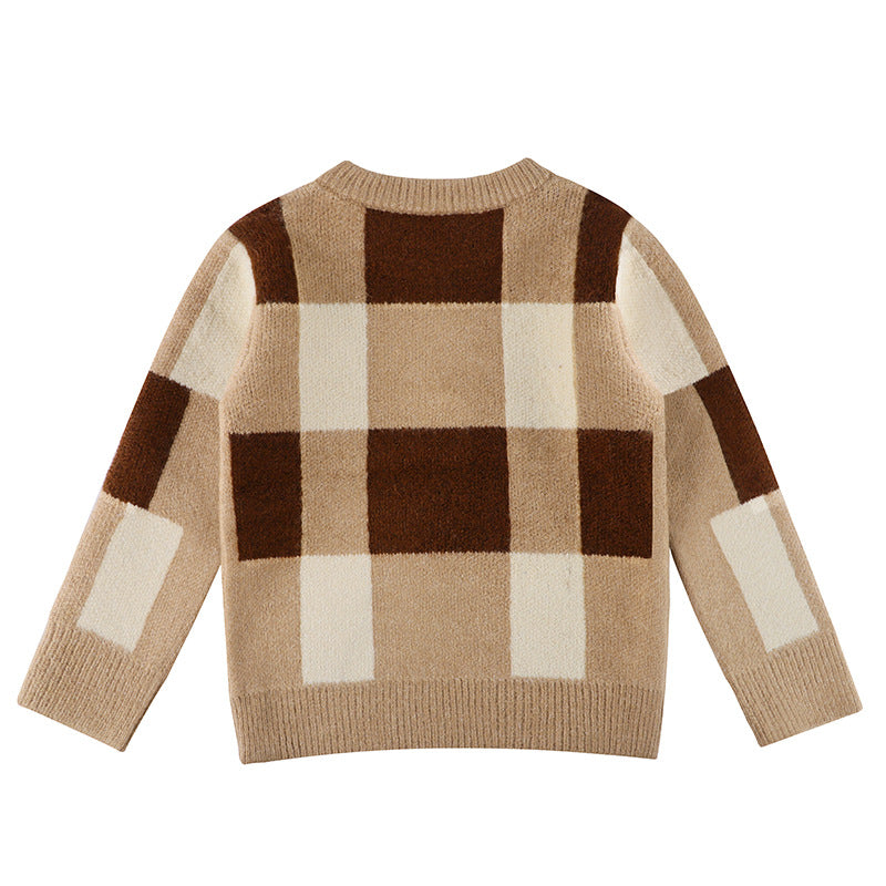 Baby Boy Plaid Graphic O-Neck Long Sleeves Western Classic Sweater in grey and khaki, featuring luxury plaid graphics and a classic design.