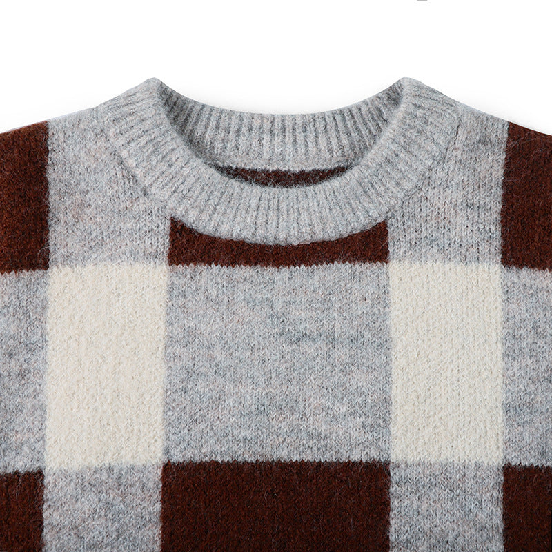 Baby Boy Plaid Graphic O-Neck Long Sleeves Western Classic Sweater in grey and khaki, featuring luxury plaid graphics and a classic design.