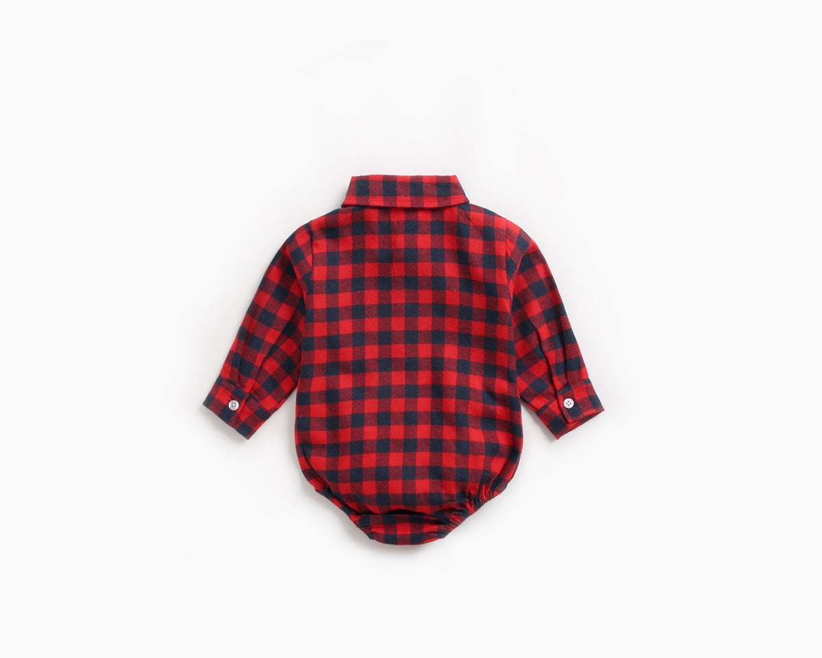 Baby boy wearing a plaid pattern buttoned shirt onesie with pockets, showcasing a stylish and comfortable design.