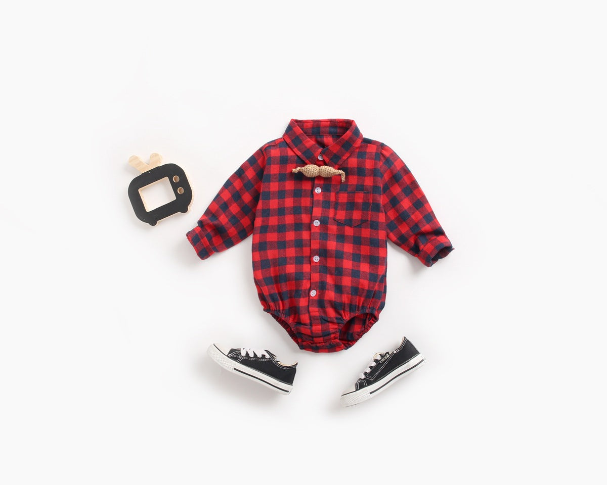 Baby boy wearing a plaid pattern buttoned shirt onesie with pockets, showcasing a stylish and comfortable design.