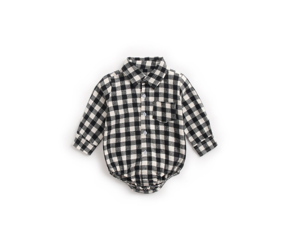 Baby boy wearing a plaid pattern buttoned shirt onesie with pockets, showcasing a stylish and comfortable design.