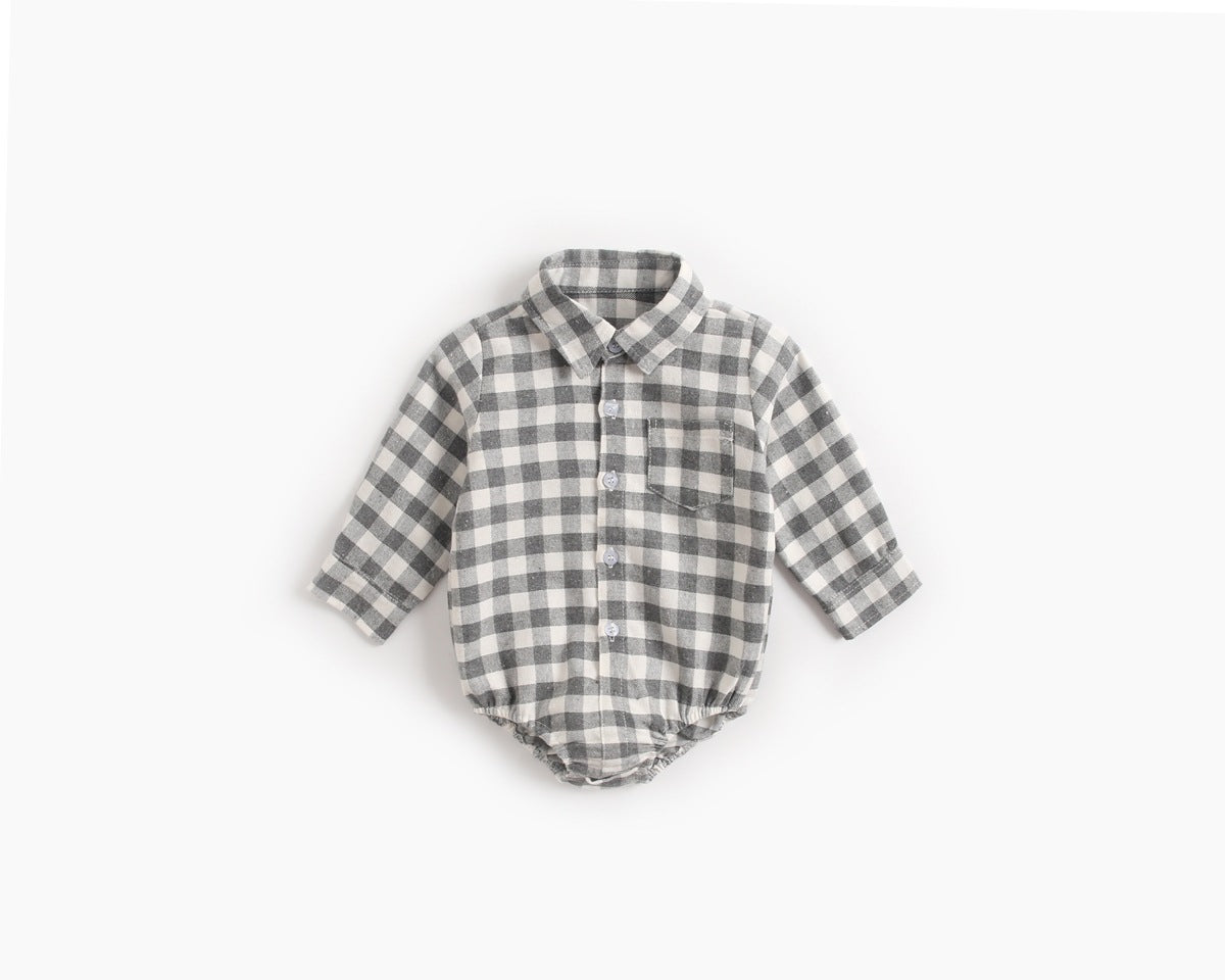 Baby boy wearing a plaid pattern buttoned shirt onesie with pockets, showcasing a stylish and comfortable design.