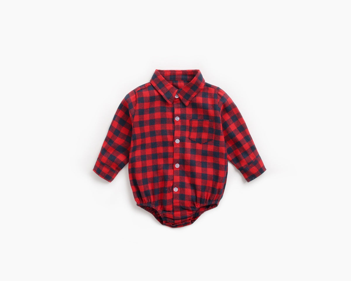 Baby boy wearing a plaid pattern buttoned shirt onesie with pockets, showcasing a stylish and comfortable design.