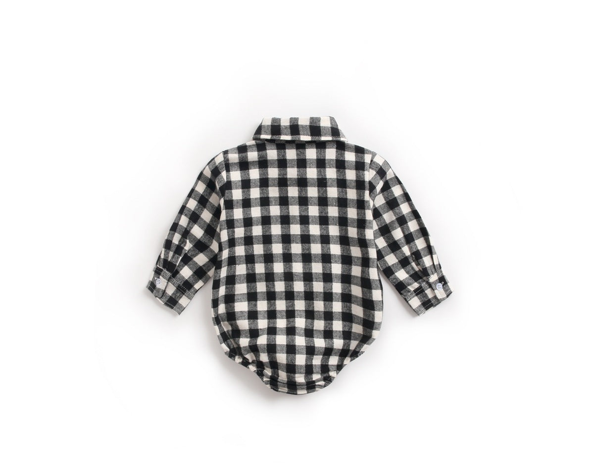 Baby boy wearing a plaid pattern buttoned shirt onesie with pockets, showcasing a stylish and comfortable design.