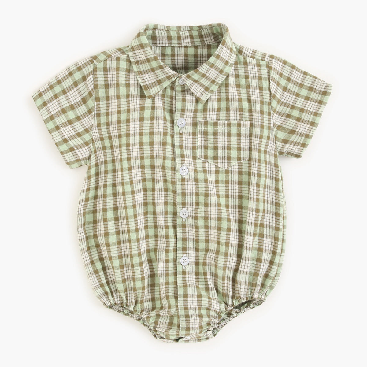 Baby boy wearing a plaid pattern college style onesie in vibrant colors, showcasing comfort and style.