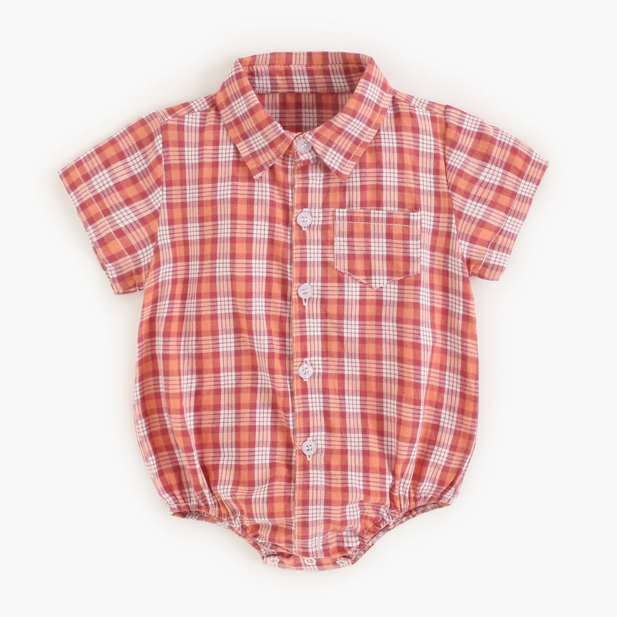 Baby boy wearing a plaid pattern college style onesie in vibrant colors, showcasing comfort and style.