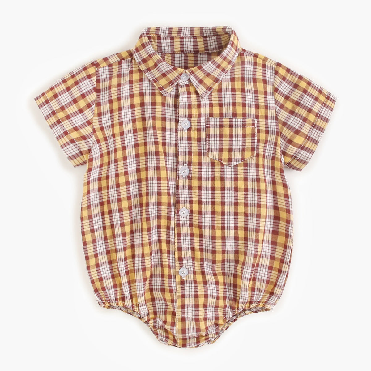 Baby boy wearing a plaid pattern college style onesie in vibrant colors, showcasing comfort and style.