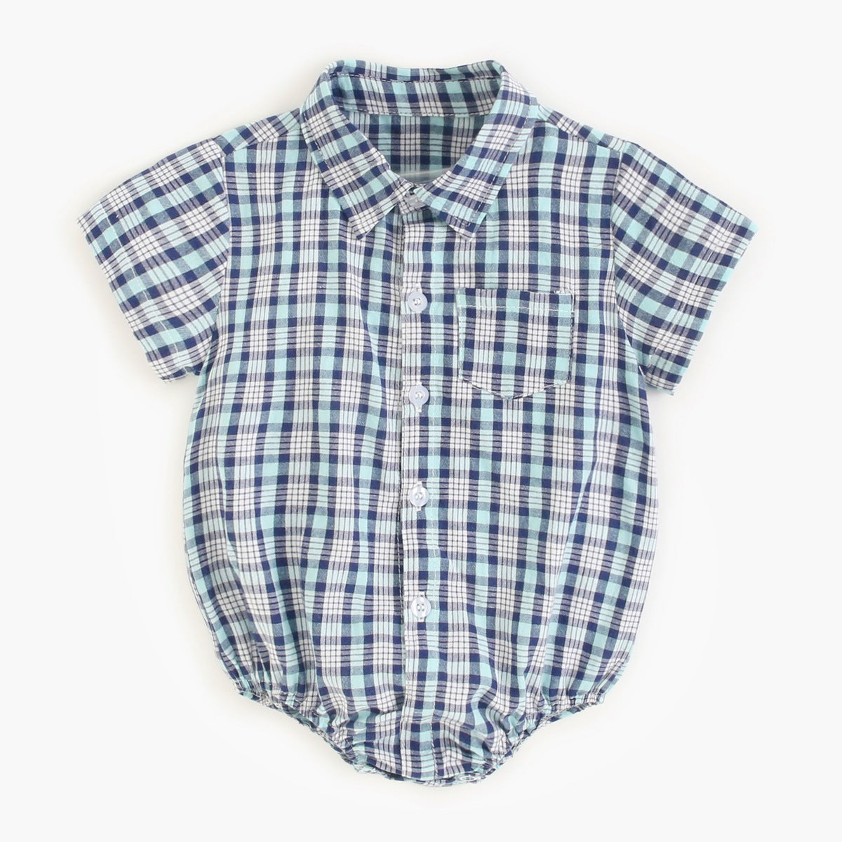 Baby boy wearing a plaid pattern college style onesie in vibrant colors, showcasing comfort and style.