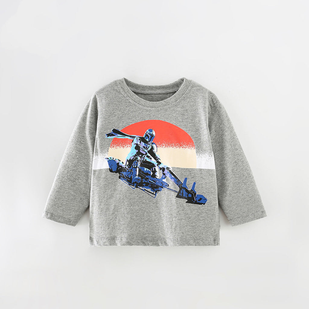 Baby Boy Print Pattern Long Sleeve Loose Shirt Top in grey with animal and cartoon designs, perfect for toddlers and young boys.