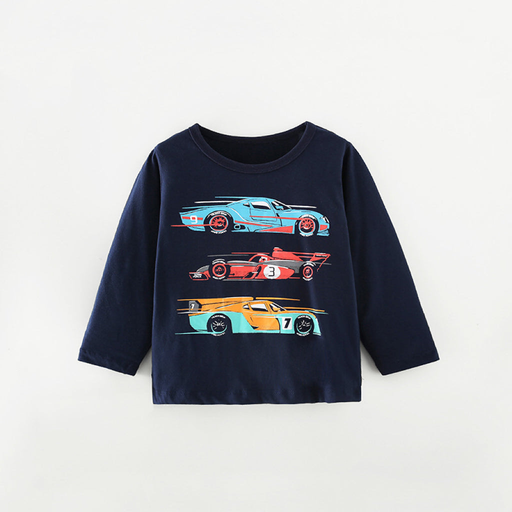 A stylish navy blue baby boy shirt featuring a fun cartoon print pattern made from soft cotton, perfect for spring and autumn wear.