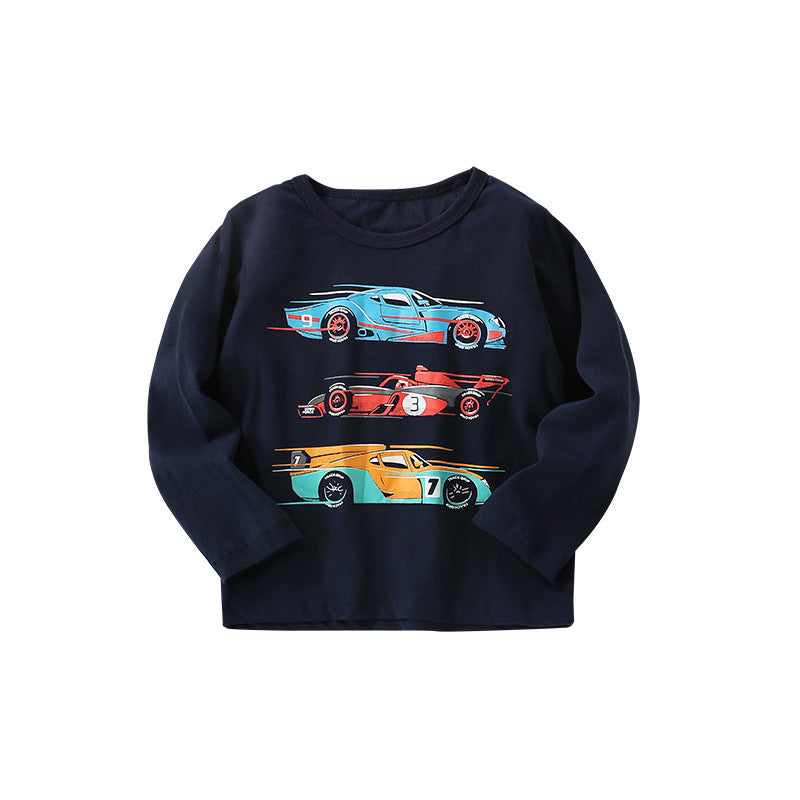 A stylish navy blue baby boy shirt featuring a fun cartoon print pattern made from soft cotton, perfect for spring and autumn wear.