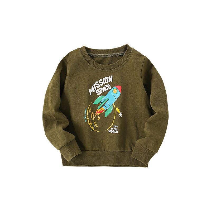 A vibrant green Baby Boy Rocket Graphic Crewneck Long Sleeve Cotton Hoodie featuring a playful rocket design, perfect for young adventurers.