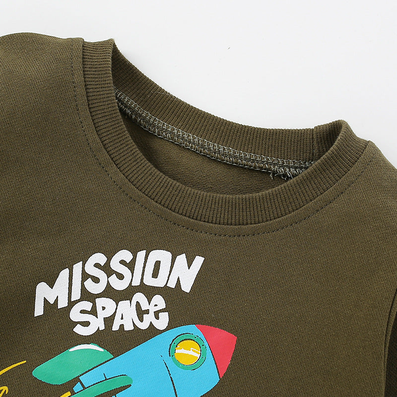 A vibrant green Baby Boy Rocket Graphic Crewneck Long Sleeve Cotton Hoodie featuring a playful rocket design, perfect for young adventurers.