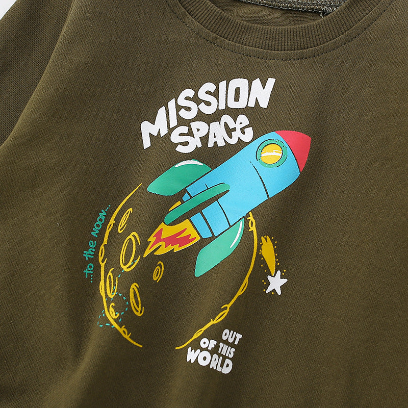 A vibrant green Baby Boy Rocket Graphic Crewneck Long Sleeve Cotton Hoodie featuring a playful rocket design, perfect for young adventurers.