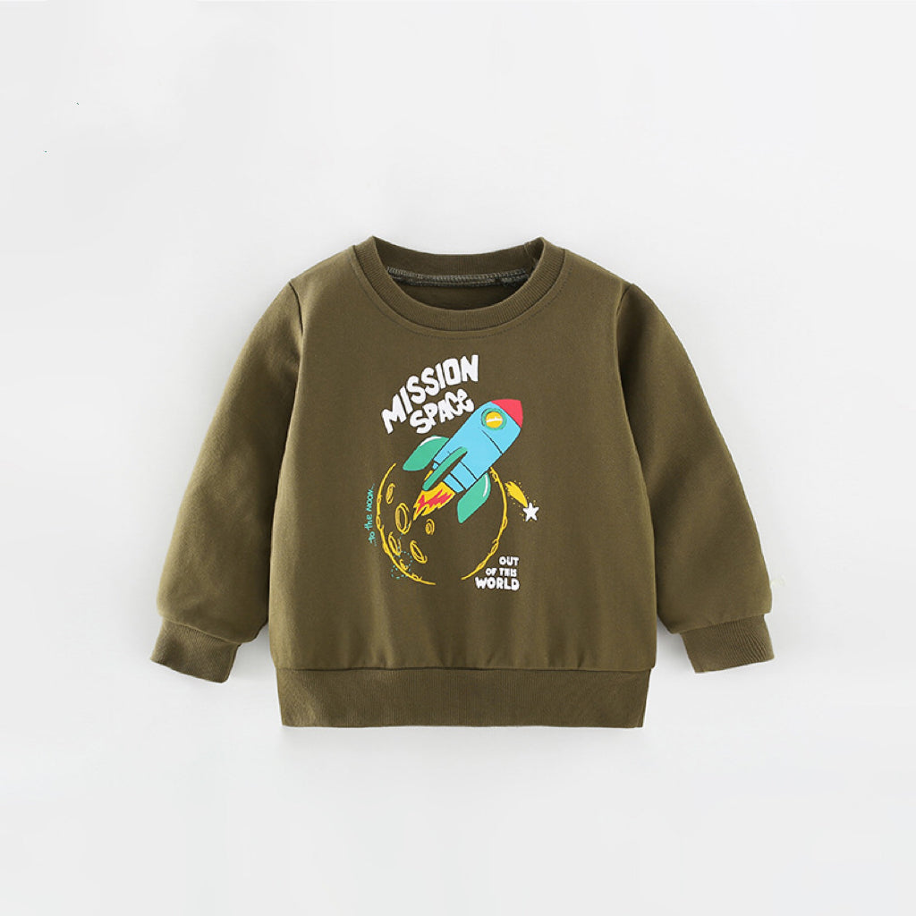 A vibrant green Baby Boy Rocket Graphic Crewneck Long Sleeve Cotton Hoodie featuring a playful rocket design, perfect for young adventurers.