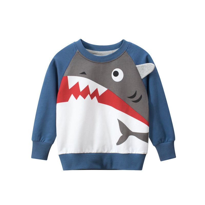 Baby Boy Shark Graphic Contrast Design Long Sleeved O-Neck Pullover in vibrant blue with playful shark graphic.