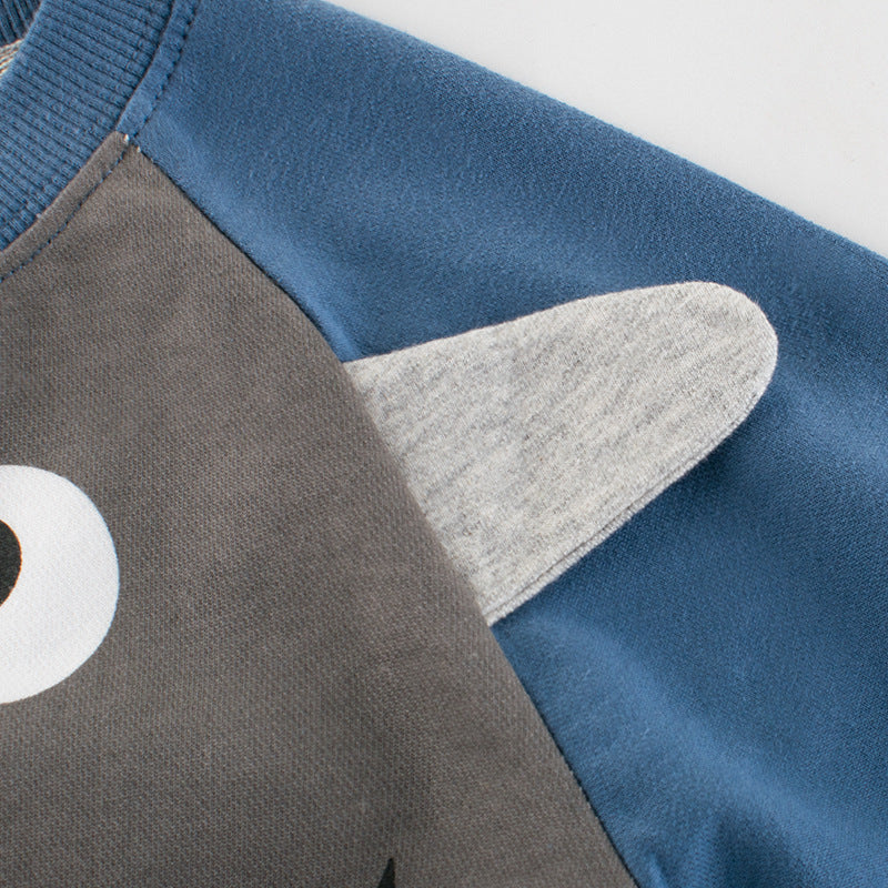 Baby Boy Shark Graphic Contrast Design Long Sleeved O-Neck Pullover in vibrant blue with playful shark graphic.