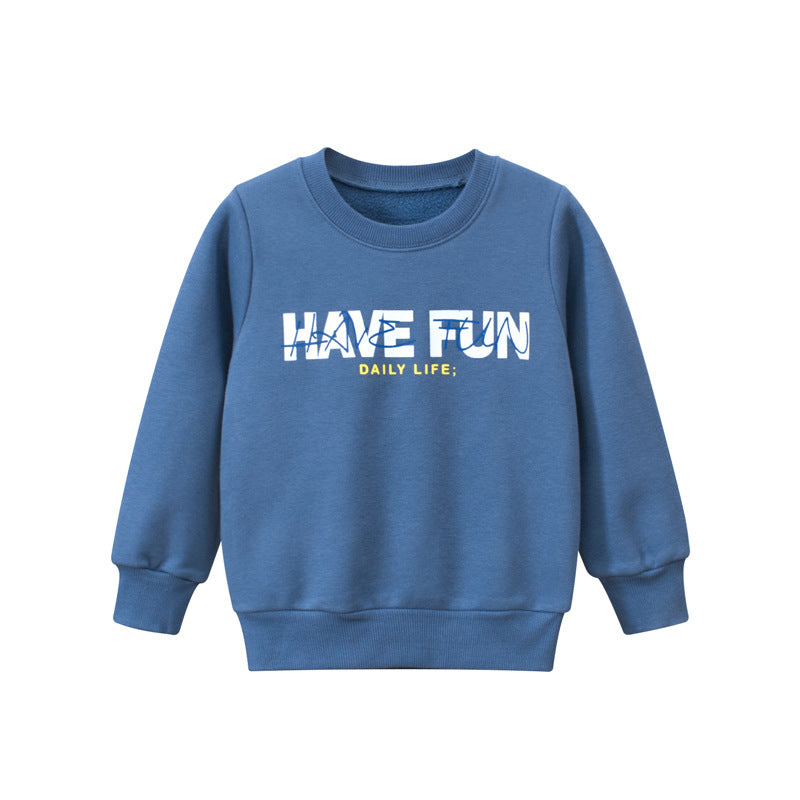 Baby boy wearing a blue thickened hoodie with slogan print, perfect for cooler weather.