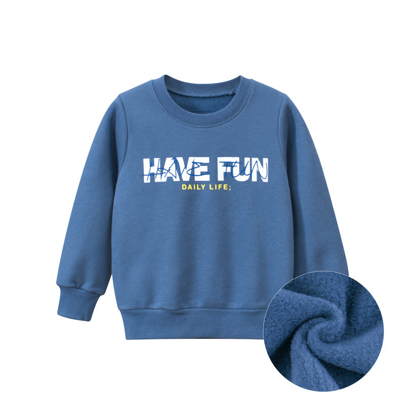 Baby boy wearing a blue thickened hoodie with slogan print, perfect for cooler weather.