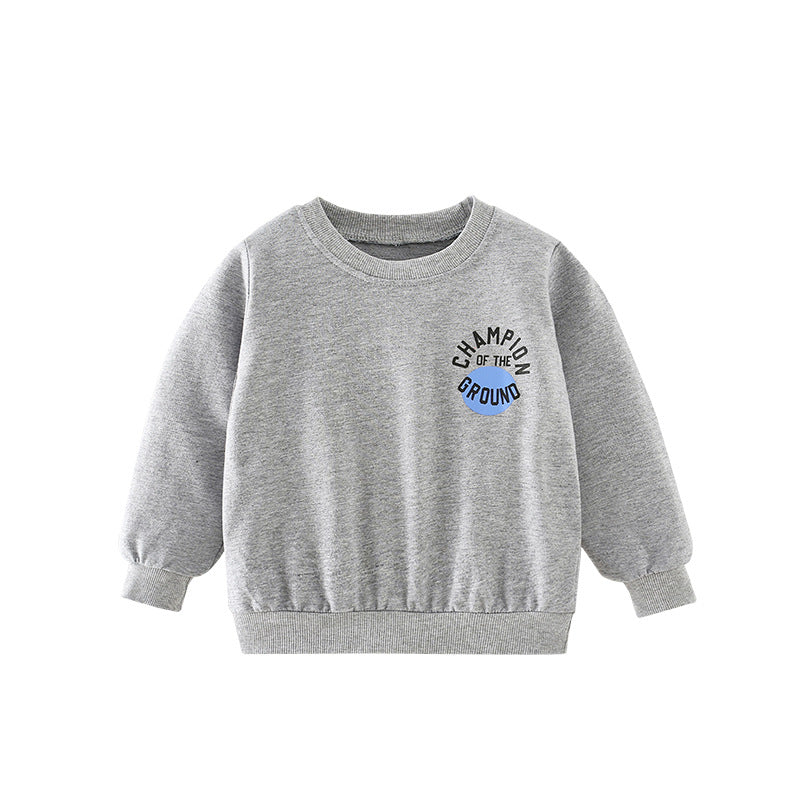 Cozy grey hoodie for baby boys with slogan print and pattern, perfect for autumn wear.