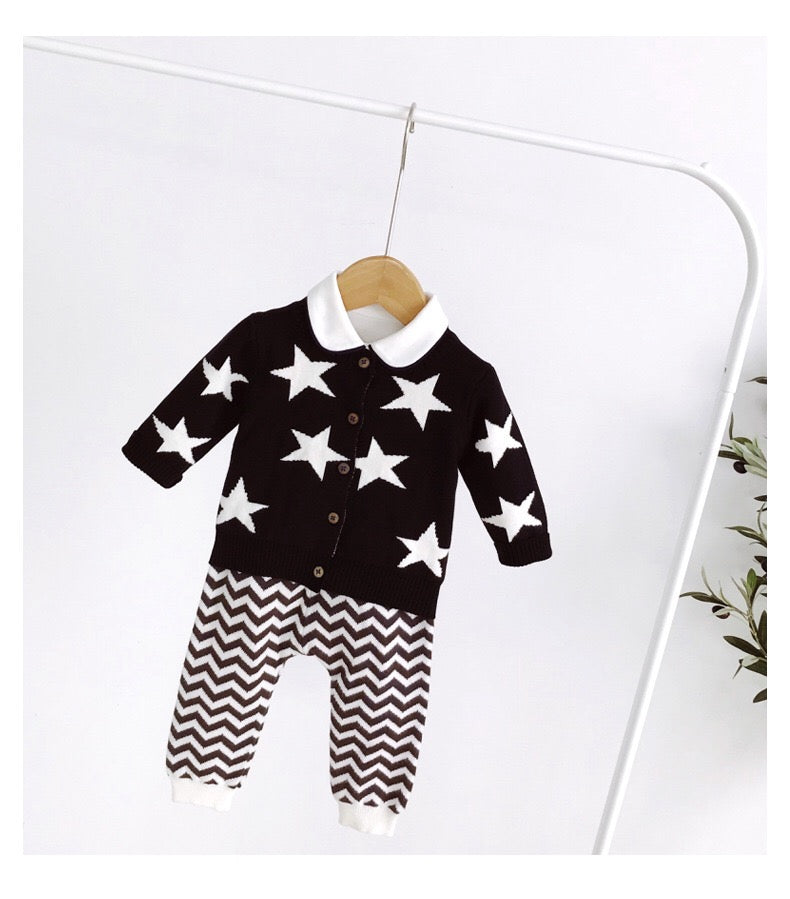 Baby Boy Star Pattern Cardigan in black with long sleeves and single-breasted design, featuring a geometric star pattern.