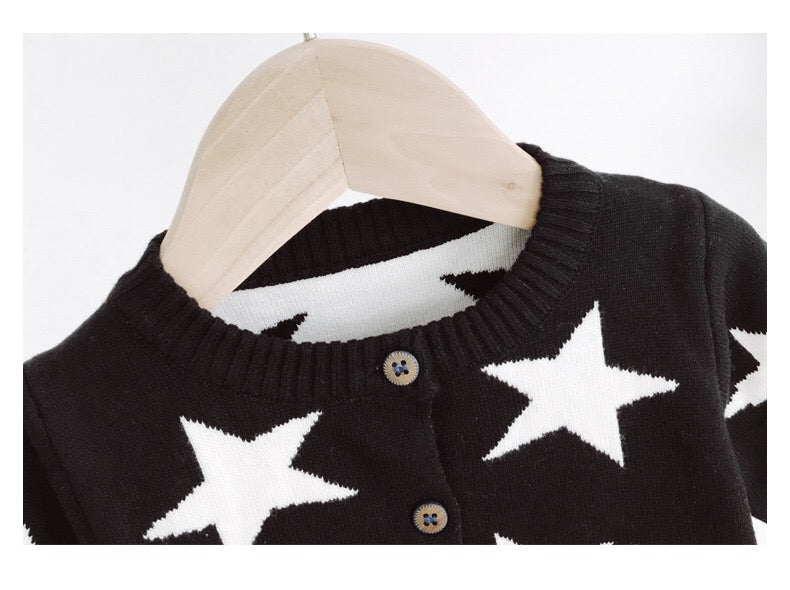 Baby Boy Star Pattern Cardigan in black with long sleeves and single-breasted design, featuring a geometric star pattern.