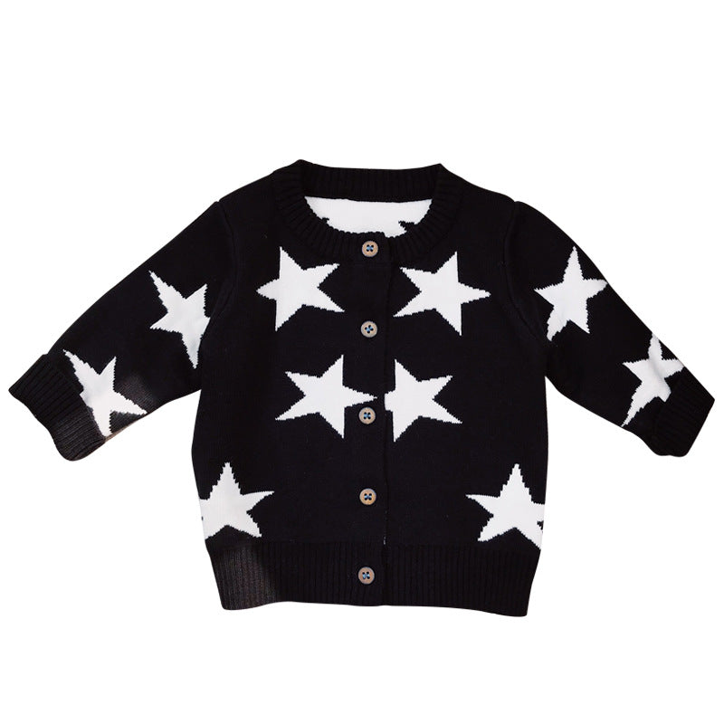 Baby Boy Star Pattern Cardigan in black with long sleeves and single-breasted design, featuring a geometric star pattern.