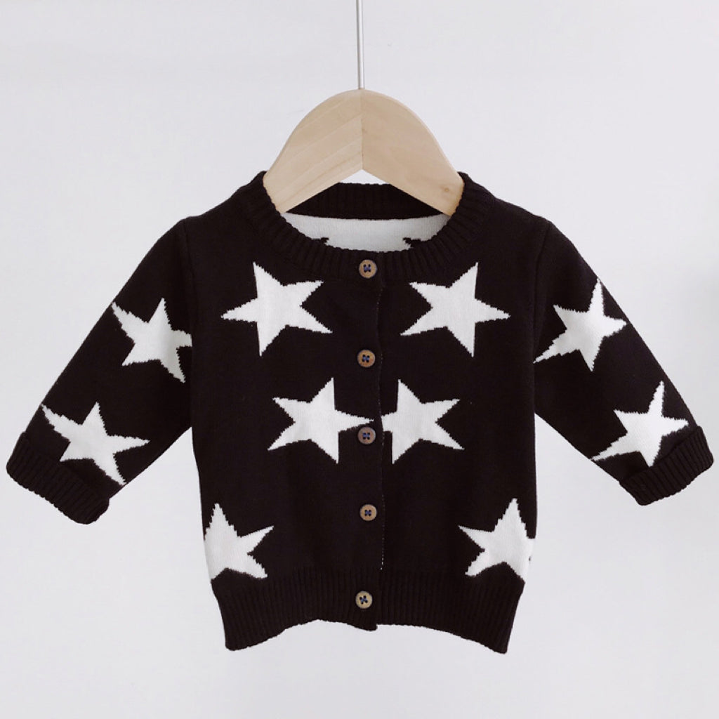 Baby Boy Star Pattern Cardigan in black with long sleeves and single-breasted design, featuring a geometric star pattern.