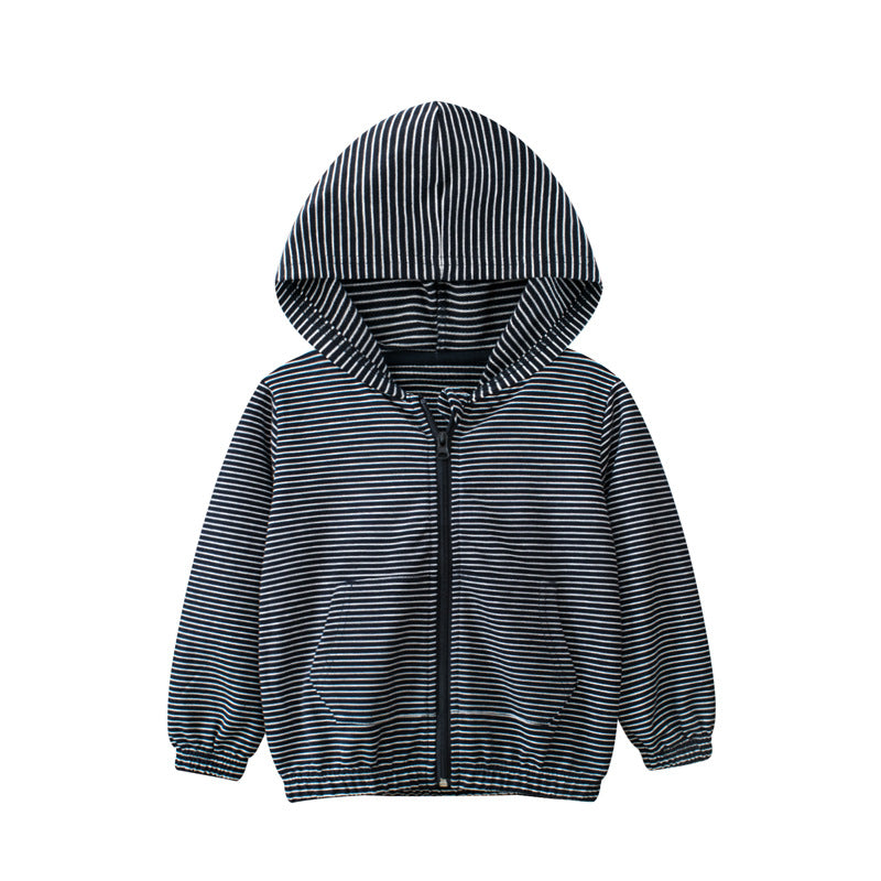 Baby boy wearing a stylish black striped graphic coat with zipper front and snap pockets.