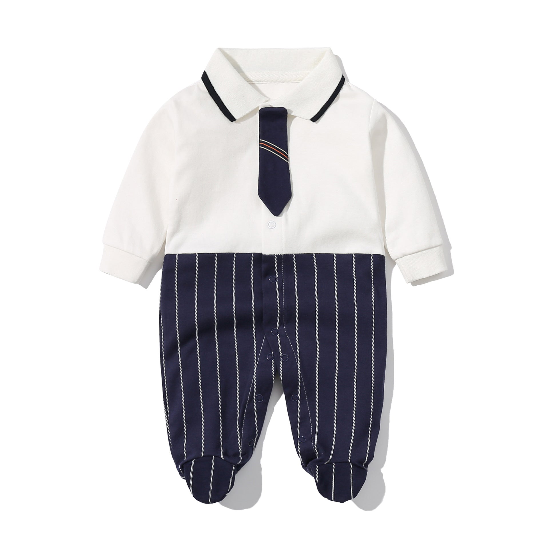 Baby boy wearing a stylish striped patchwork tie-dye jumpsuit with a lapel-covered front, showcasing vibrant colors in black and blue.