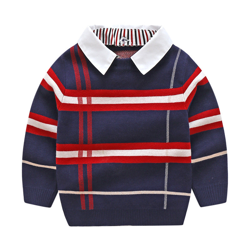 Baby boy's striped pattern sweater with detachable shirt neck in navy blue and khaki, showcasing soft cotton fabric and stylish design.