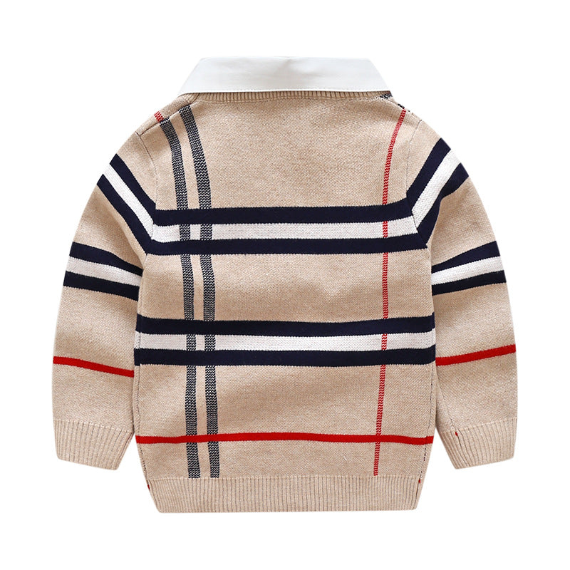 Baby boy's striped pattern sweater with detachable shirt neck in navy blue and khaki, showcasing soft cotton fabric and stylish design.