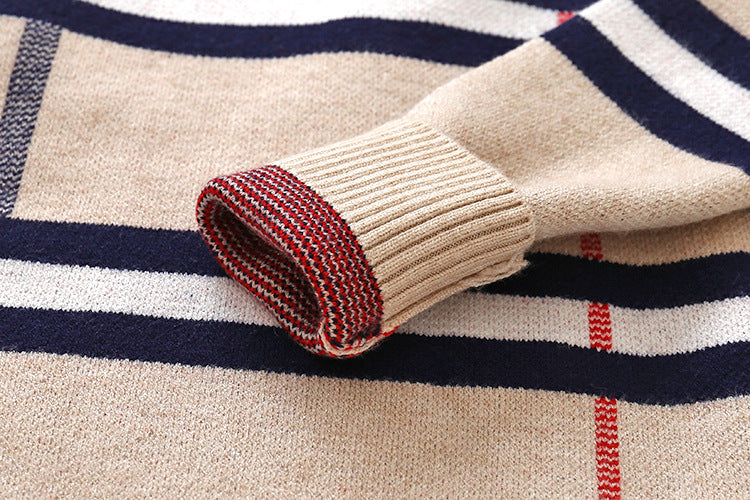 Baby boy's striped pattern sweater with detachable shirt neck in navy blue and khaki, showcasing soft cotton fabric and stylish design.