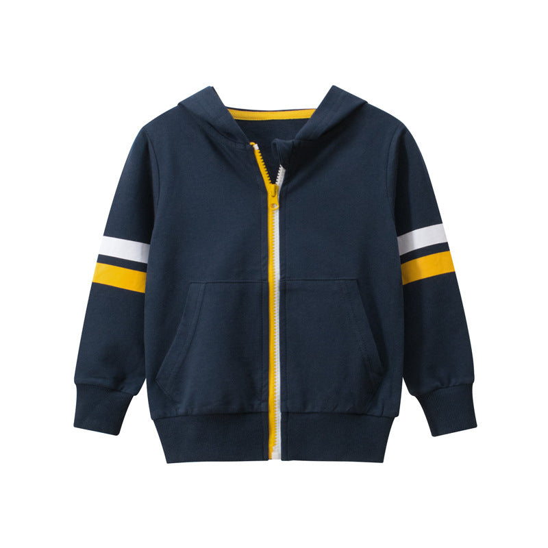 Baby boy casual coat with striped sleeves and zipper front in navy blue and grey colors, perfect for spring and autumn.