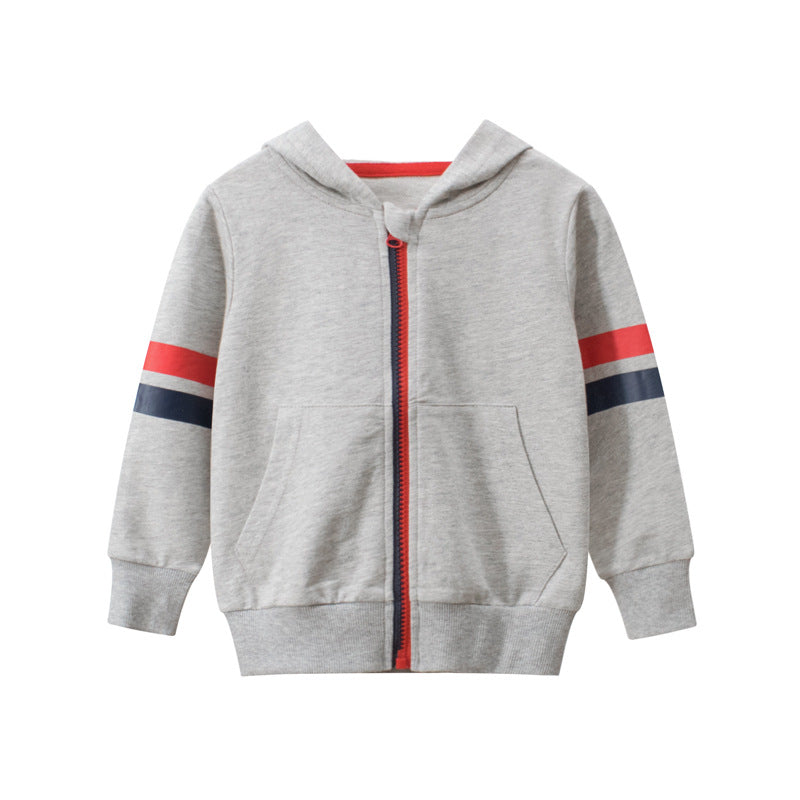 Baby boy casual coat with striped sleeves and zipper front in navy blue and grey colors, perfect for spring and autumn.