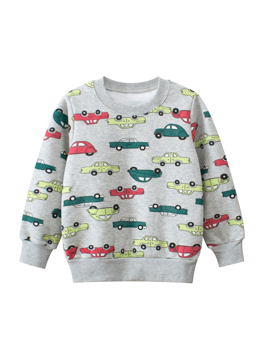 Grey pullover for baby boys featuring cartoon cars design, perfect for spring and autumn wear.