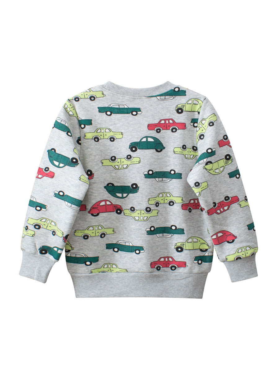 Grey pullover for baby boys featuring cartoon cars design, perfect for spring and autumn wear.