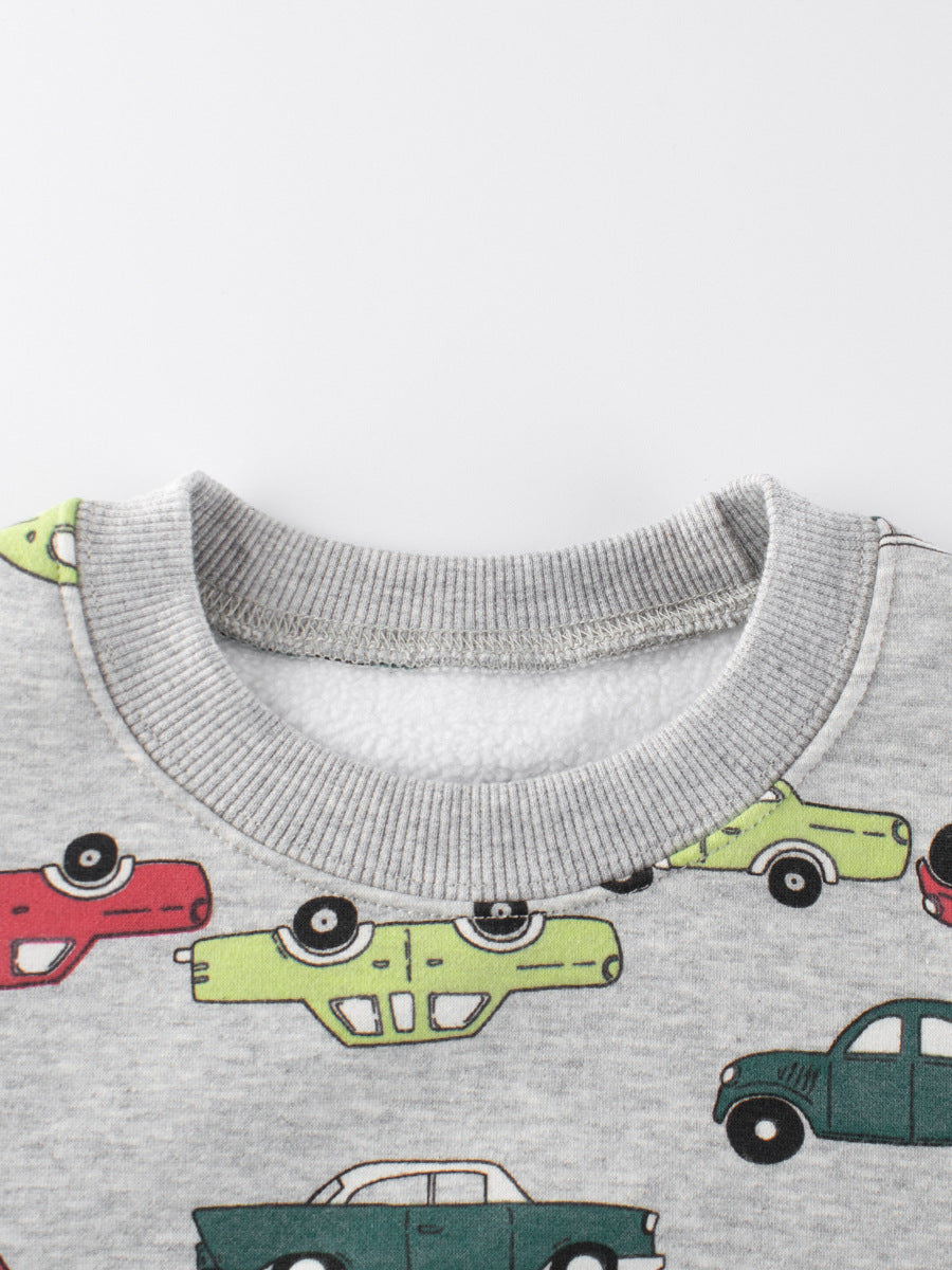 Grey pullover for baby boys featuring cartoon cars design, perfect for spring and autumn wear.