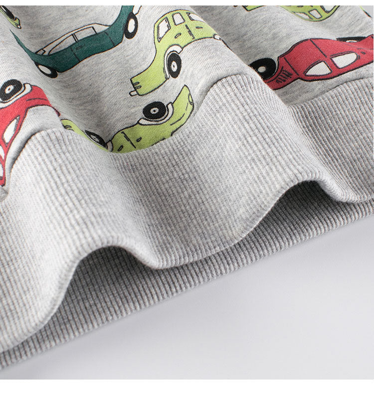 Grey pullover for baby boys featuring cartoon cars design, perfect for spring and autumn wear.