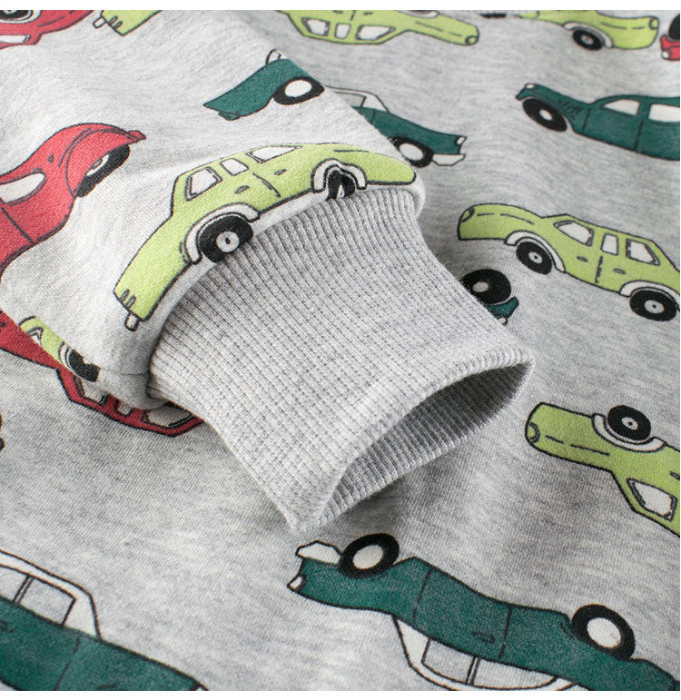 Grey pullover for baby boys featuring cartoon cars design, perfect for spring and autumn wear.