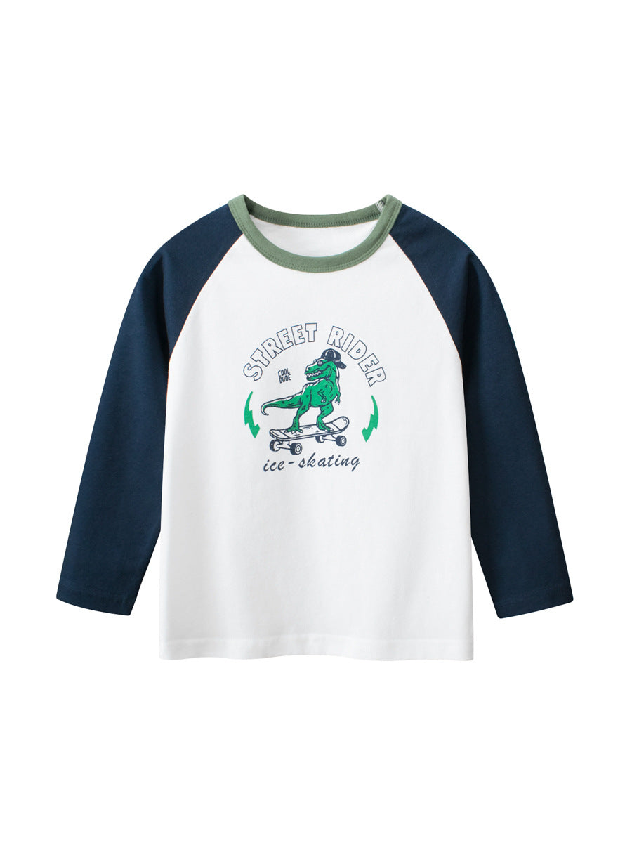 Baby boys long sleeve shirt featuring a colorful dinosaur cartoon design in navy blue and light yellow, made from soft cotton material.