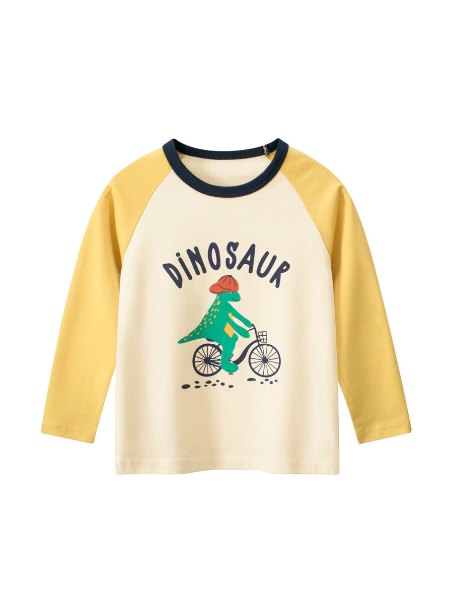 Baby boys long sleeve shirt featuring a colorful dinosaur cartoon design in navy blue and light yellow, made from soft cotton material.