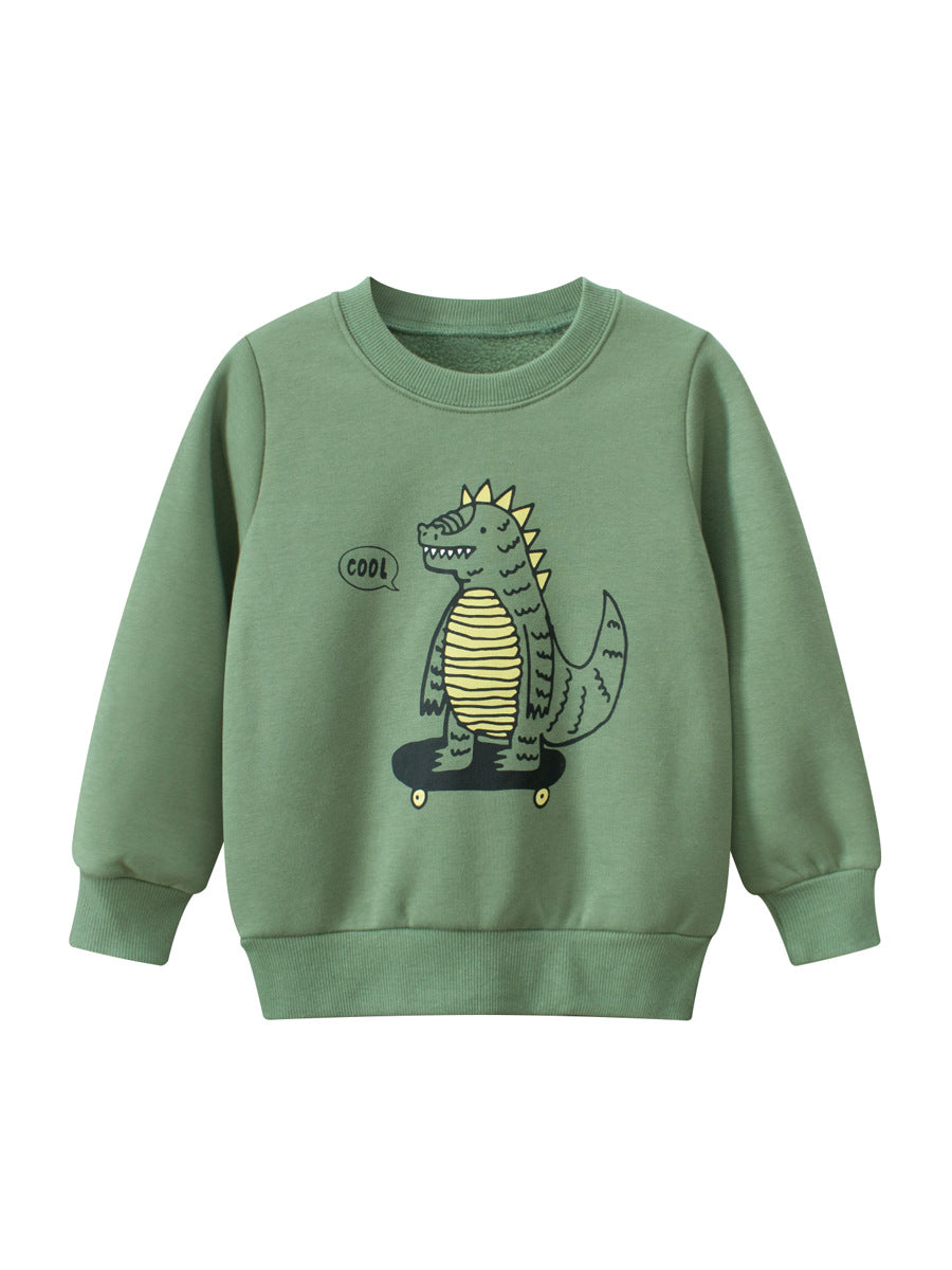 Baby boys long sleeve thick shirt featuring a colorful dinosaur cartoon design, available in blue, green, and grey.