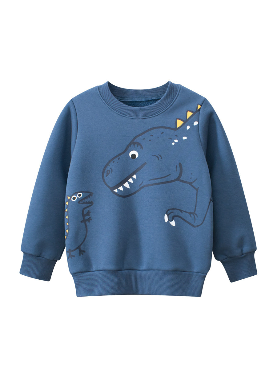 Baby boys long sleeve thick shirt featuring a colorful dinosaur cartoon design, available in blue, green, and grey.